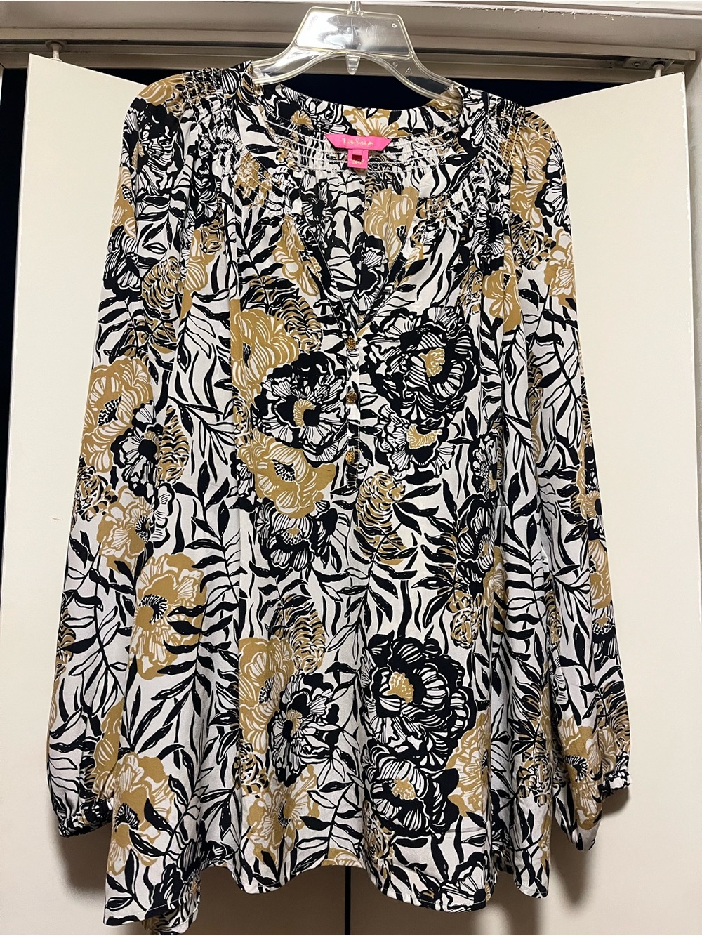 Lilly Pulitzer Elsa Black, White & Gold Floral Peony Long Sleeve Blouse, silk